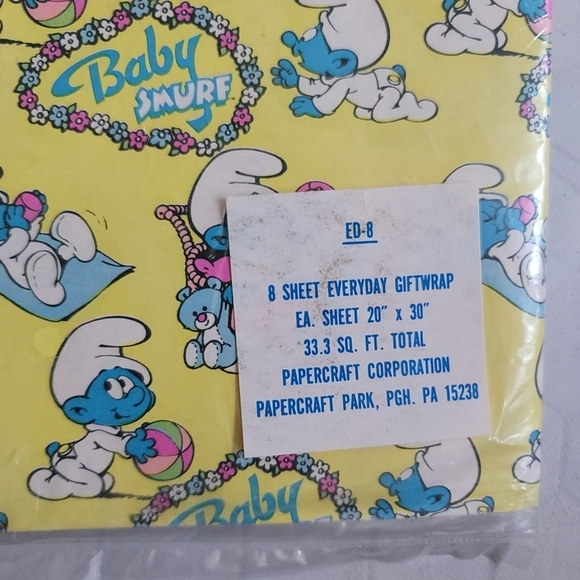 VTG 1984 Peyo Baby Smurf Pink Yellow 8 Sheets Everyday Gift Wrap Paper NEW - Picture 3 of 5